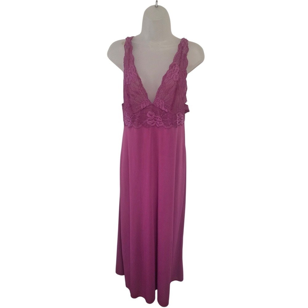 Natori Womens Magenta Purple Lace Trim V-Neck Maxi Nightgown Sleepwear Size‎ S